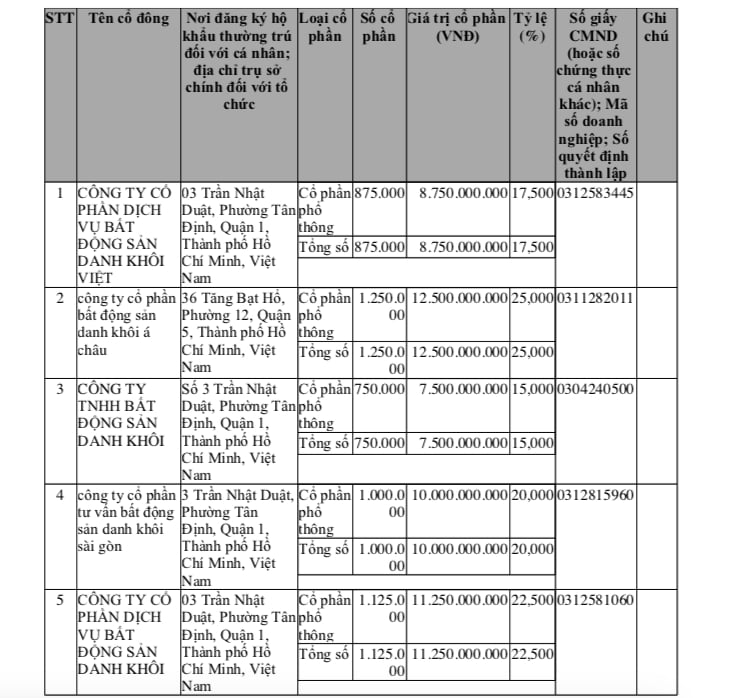 Chi tiết về vốn g&oacute;p tại&nbsp;CTCP Đầu tư Danh Kh&ocirc;i Holdings.
