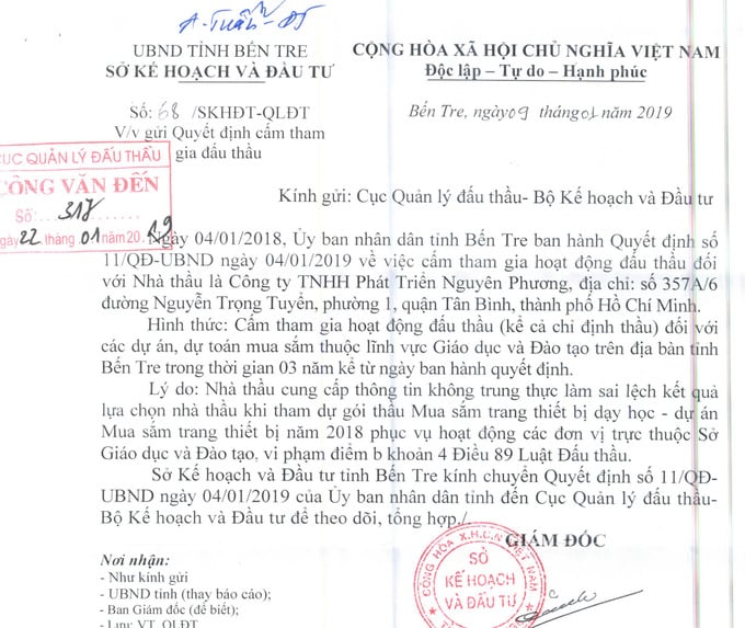 Tỉnh Bến Tre từng c&oacute; văn bản xử phạt C&ocirc;ng ty Nguy&ecirc;n Phương v&igrave; kh&ocirc;ng trung thực trong cung cấp th&ocirc;ng tin đấu thầu.