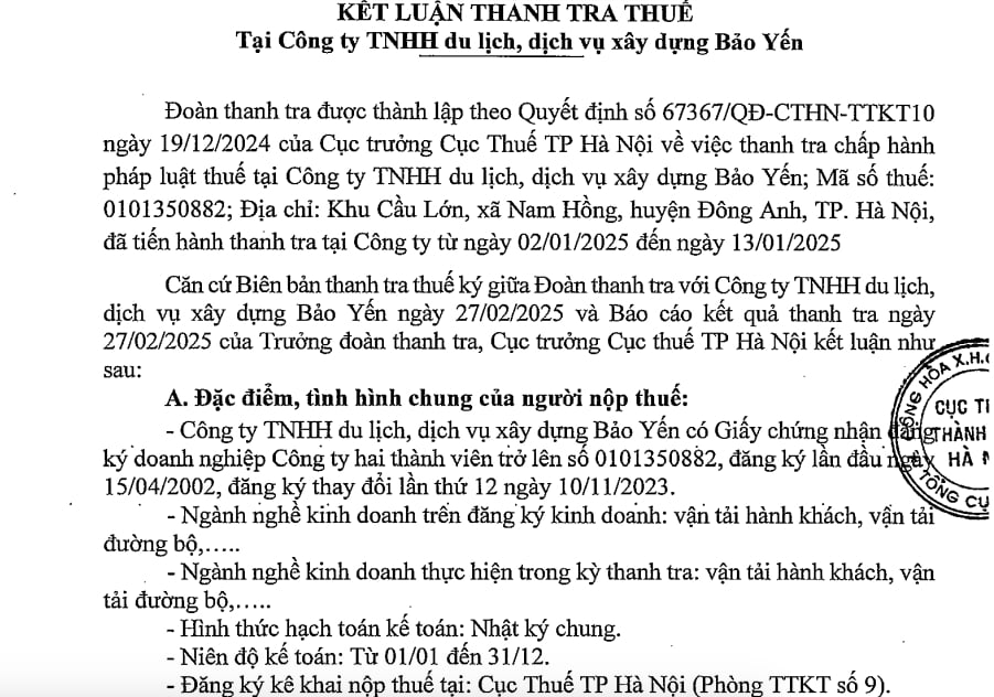 Kết luận thanh tra thuế tại C&ocirc;ng ty TNHH Du lịch, dịch vụ x&acirc;y dựng Bảo Yến (Bảo Yến Group)