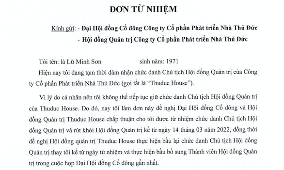 Đơn xin từ nhiệm chức Chủ tịch HĐQT C&ocirc;ng ty cổ phần Ph&aacute;t triển nh&agrave; Thủ Đức (Thuduc House) của &ocirc;ng Lữ Minh Sơn. Ảnh chụp m&agrave;n h&igrave;nh