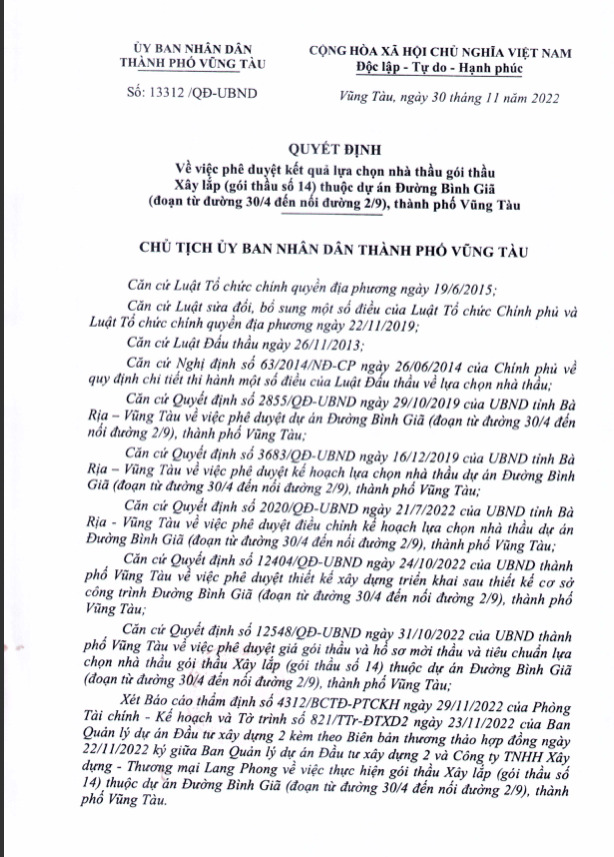 G&oacute;i thầu X&acirc;y lắp (g&oacute;i thầu số 14) thuộc dự &aacute;n Đường B&igrave;nh Gi&atilde; ( đoạn từ đường 30/4 đến nối đường 2/9), th&agrave;nh phố Vũng T&agrave;u