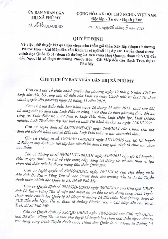 Quyết định ph&ecirc; duyệt g&oacute;i thầu X&acirc;y lắp ( đoạn đường Phước Ho&agrave;-C&aacute;i M&eacute;p đến cầu Rạch Tre) (g&oacute;i số 11) dự &aacute;n: Tuyến tho&aacute;t nước ch&iacute;nh dọc Quốc lộ 51 (đoạn từ đường 2A đến ch&ugrave;a Huệ Quang, đoạn từ VCB đến cầu Ngọc H&agrave; v&agrave; đoạn từ đường Phước Ho&agrave;-C&aacute;i M&eacute;p đến cầu Rạch Tre), thị x&atilde; Ph&uacute; Mỹ