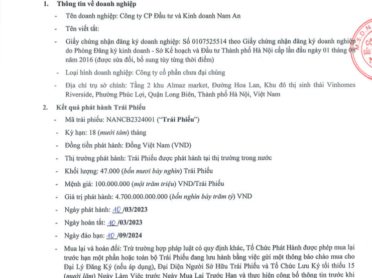 Th&ocirc;ng tin về&nbsp;CTCP Đầu tư v&agrave; Kinh doanh Nam An v&agrave; l&ocirc; tr&aacute;i phiếu mới ph&aacute;t h&agrave;nh