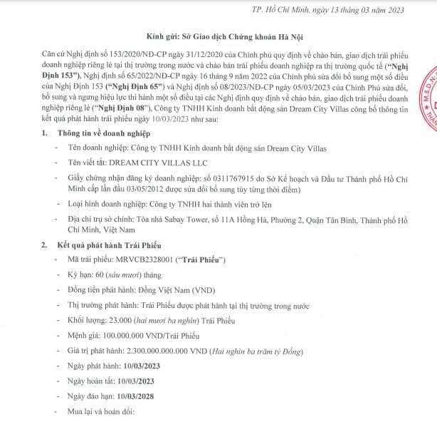 Th&ocirc;ng tin ph&aacute;t h&agrave;nh tr&aacute;i phiếu của C&ocirc;ng ty TNHH Kinh doanh bất động sản Dream City Villas.