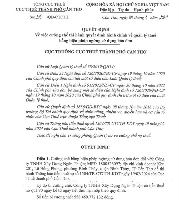 Quyết định cưỡng chế thuế bằng biện ph&aacute;p ngừng sử dụng h&oacute;a đơn đối với C&ocirc;ng ty TNHH X&acirc;y dựng Ng&acirc;n Thuận