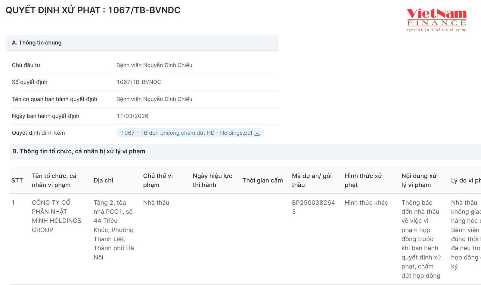 Nhật Minh Holdings Group bị &ldquo;tu&yacute;t c&ograve;i&rdquo; v&igrave; kh&ocirc;ng giao h&agrave;ng đ&uacute;ng hạn theo hợp đồng cung cấp thiết bị y tế cho bệnh viện ph&iacute;a Nam.
