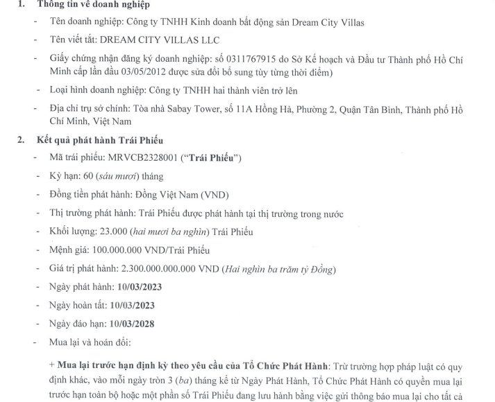 Th&ocirc;ng tin l&ocirc; tr&aacute;i phiếu do C&ocirc;ng ty&nbsp;Dream City Villas c&ocirc;ng bố.