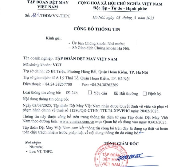Vinatex c&ocirc;ng bố th&ocirc;ng tin về việc bị Cục thuế TP H&agrave; Nội xử phạt.