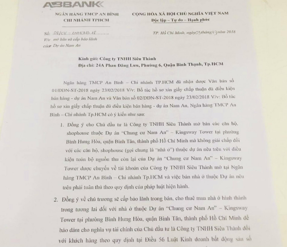 Văn bản đồng &yacute; chủ trương cấp bảo l&atilde;nh dự &aacute;n chung cư Kingsway Tower của Ng&acirc;n h&agrave;ng An B&igrave;nh &nbsp;