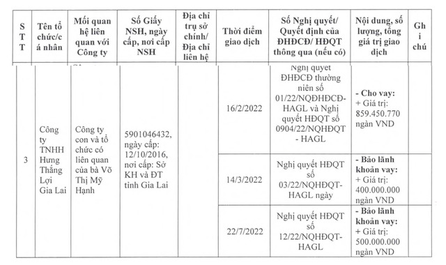 C&ocirc;ng ty Cổ phần Chăn nu&ocirc;i Ho&agrave;ng Anh Gia Lai bảo l&atilde;nh cho C&ocirc;ng ty TNHH Hưng Thắng Lợi Gia Lai vay vốn ng&acirc;n h&agrave;ng trong năm 2022. Nguồn: HAG.