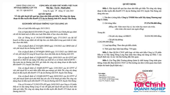 Quyết định ph&ecirc; duyệt kết quả lựa chọn C&ocirc;ng ty Đại &Aacute; Ch&acirc;u tr&uacute;ng thầu do Gi&aacute;m đốc Sở Giao th&ocirc;ng Vận tải tỉnh Long An Đặng Ho&agrave;ng Tuấn k&yacute;.