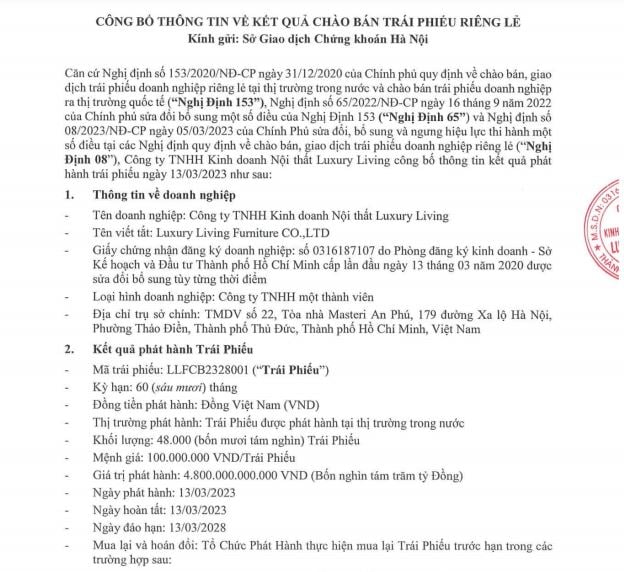 Th&ocirc;ng tin ph&aacute;t h&agrave;nh tr&aacute;i phiếu của C&ocirc;ng ty TNHH Kinh doanh Nội thất Luxury Living (nguồn: HNX)