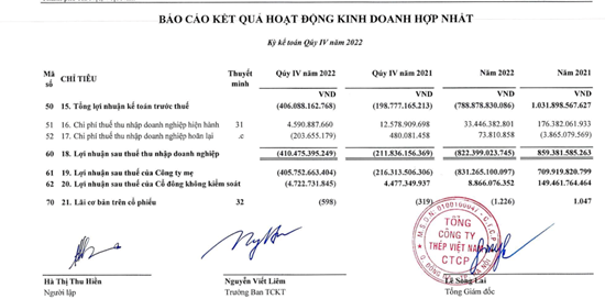 Kết quả kinh doanh Tổng C&ocirc;ng ty th&eacute;p Việt Nam