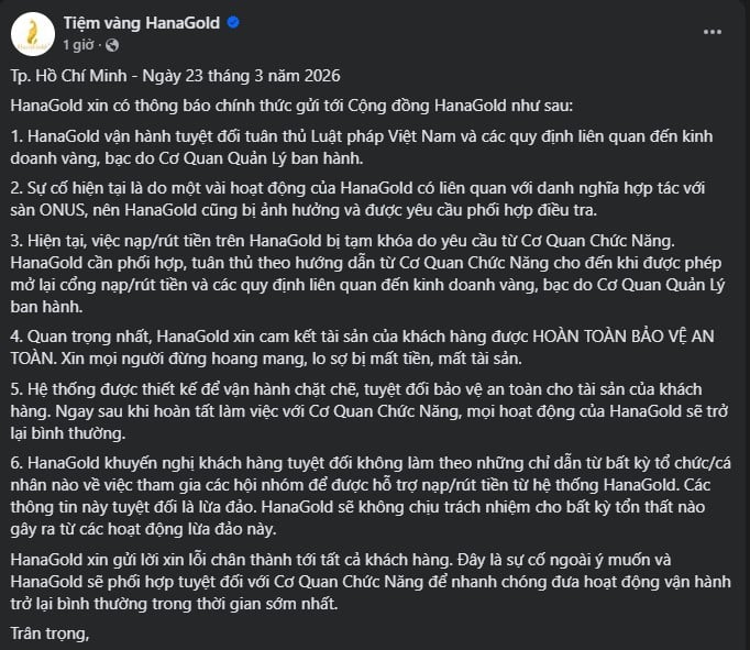Th&ocirc;ng b&aacute;o mới nhất của HanaGold.