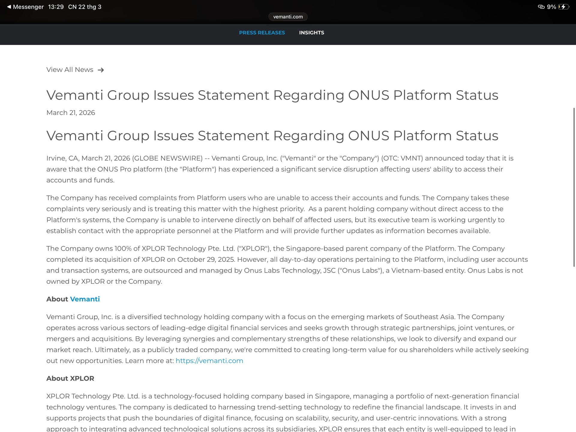 Th&ocirc;ng c&aacute;o b&aacute;o ch&iacute; của tập đo&agrave;n Vemanti Group về sự cố của nền tảng giao dịch Onus.