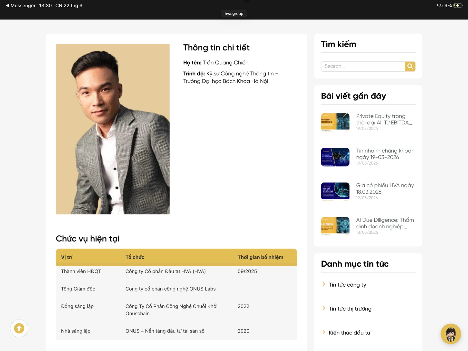 Th&ocirc;ng tin giới thiệu về &ocirc;ng Trần Quang Chiến tr&ecirc;n website C&ocirc;ng ty Đầu tư HVA.