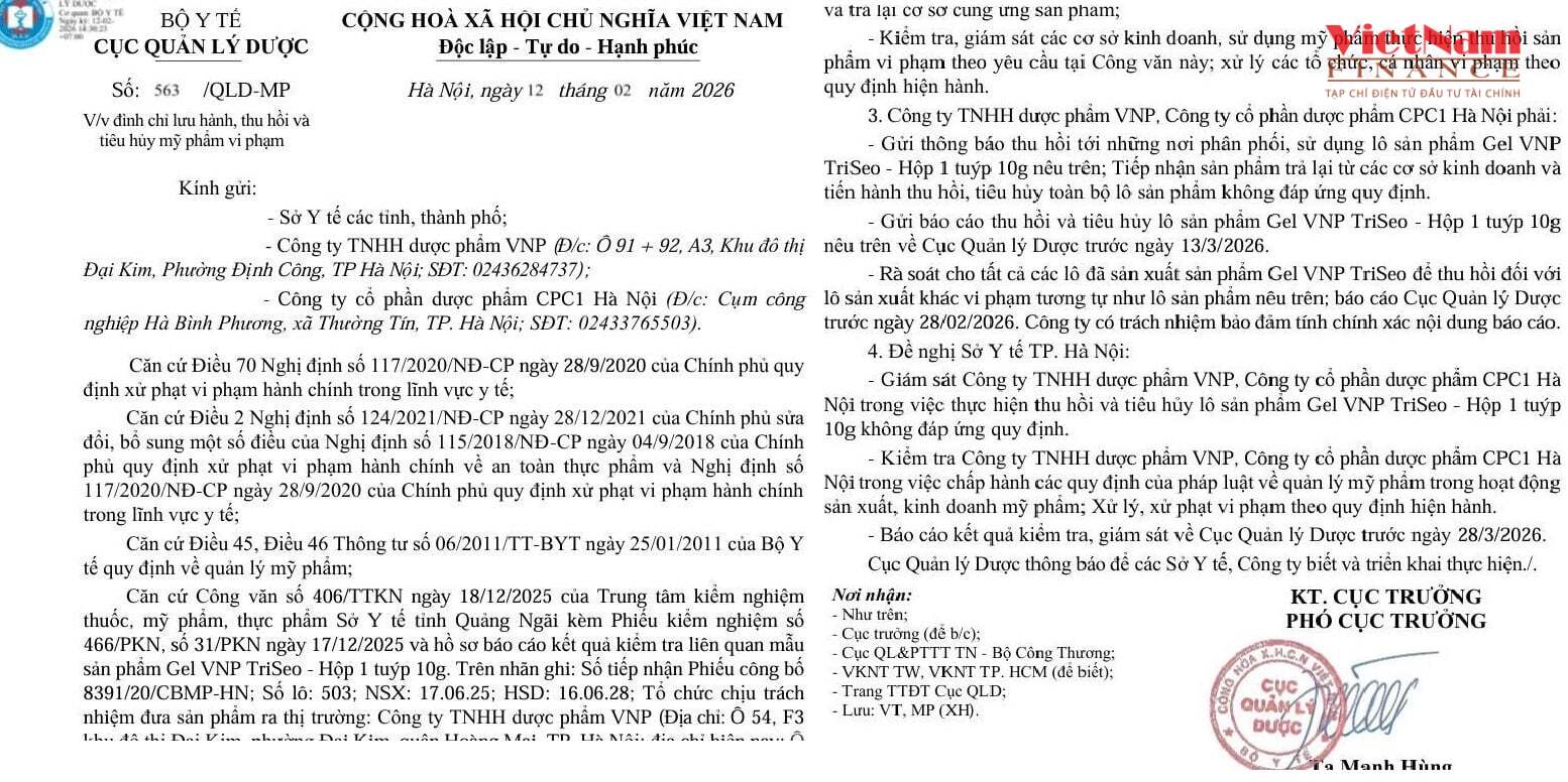 Quyết định của Cục Quản l&yacute; Dược y&ecirc;u cầu đ&igrave;nh chỉ lưu h&agrave;nh, thu hồi v&agrave; ti&ecirc;u huỷ l&ocirc; sản phẩm Gel VNP TriSeo tr&ecirc;n to&agrave;n quốc.