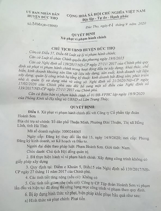 Quy&ecirc;́t định xử phạt hành chính của UBND huy&ecirc;̣n Đức Thọ đ&ocirc;́i với T&acirc;̣p đoàn Hoành Sơn