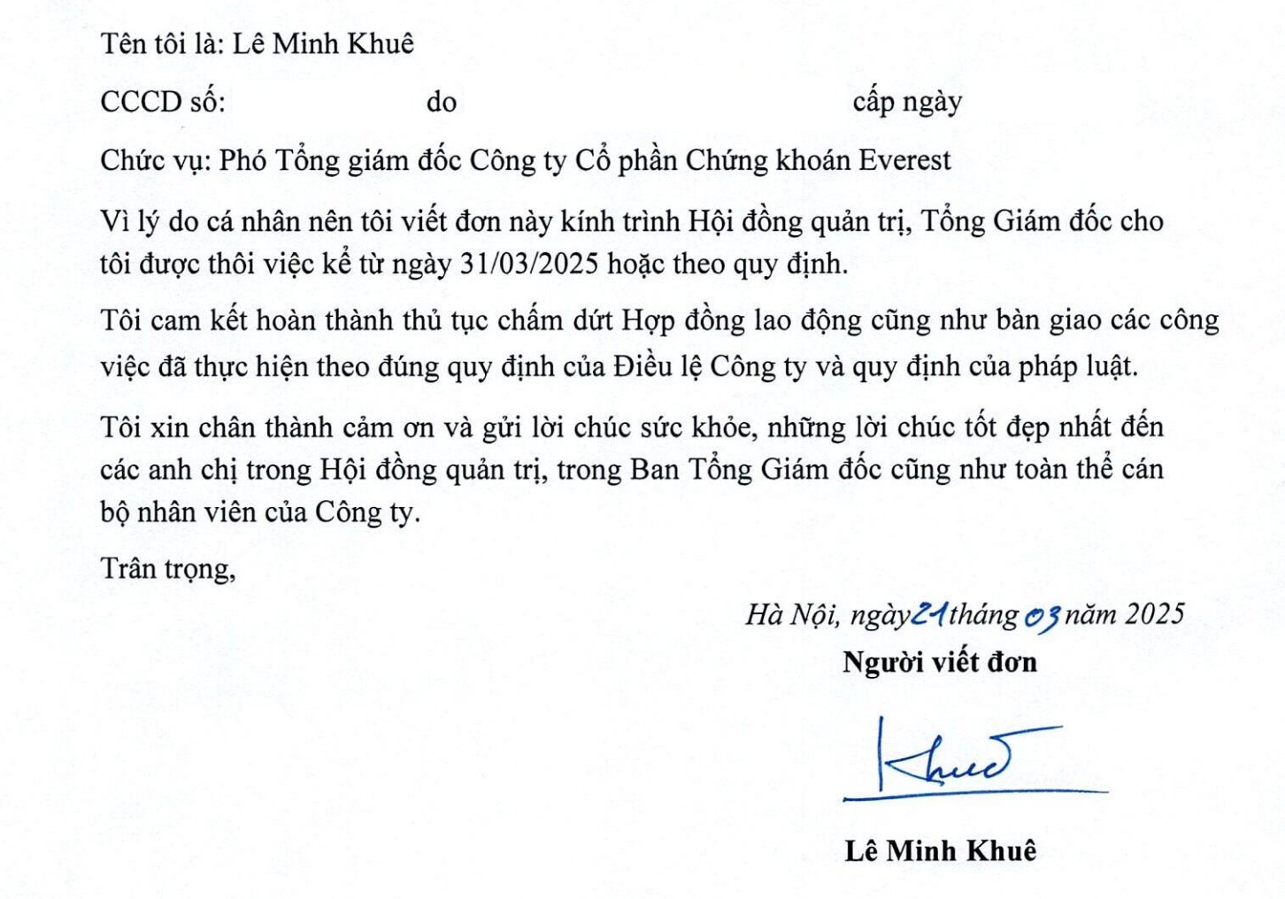 Nội dung đơn xin th&ocirc;i việc của Ph&oacute; tổng gi&aacute;m đốc L&ecirc; Minh Khu&ecirc;
