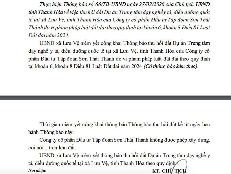 Th&ocirc;ng b&aacute;o thu hồi đất dự &aacute;n 670 tỷ đồng của Tập đo&agrave;n Sơn Th&aacute;i Th&agrave;nh.