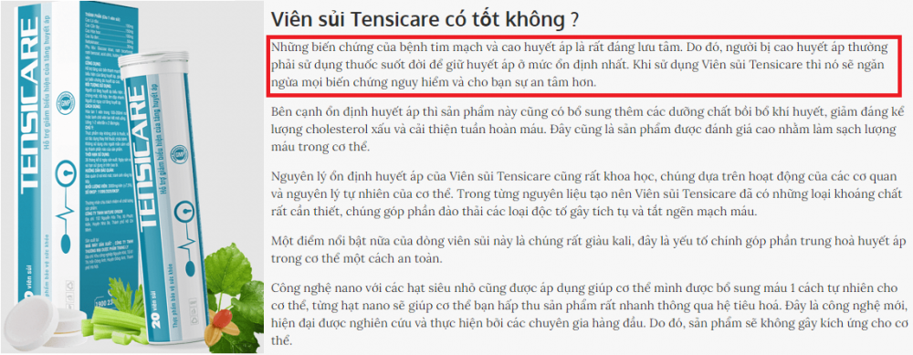 Nội dung quảng c&aacute;o Thực phẩm bảo vệ sức khỏe Tensicare tr&ecirc;n website&nbsp;&nbsp;https://bacsiphukhoa.webflow.io/bai-viet/vien-sui-tensicare g&acirc;y hiểu lầm cho người ti&ecirc;u d&ugrave;ng