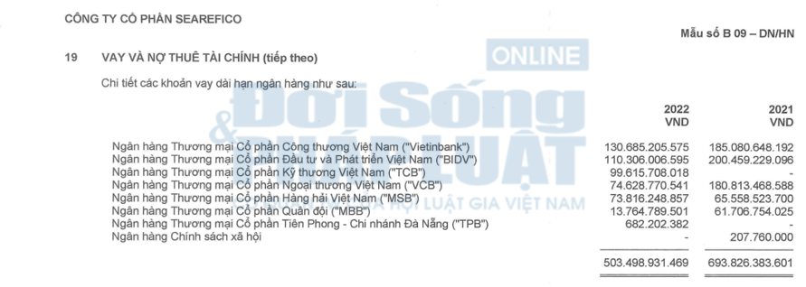 Chi tiết c&aacute;c khoản vay d&agrave;i hạn ng&acirc;n h&agrave;ng của SRF.