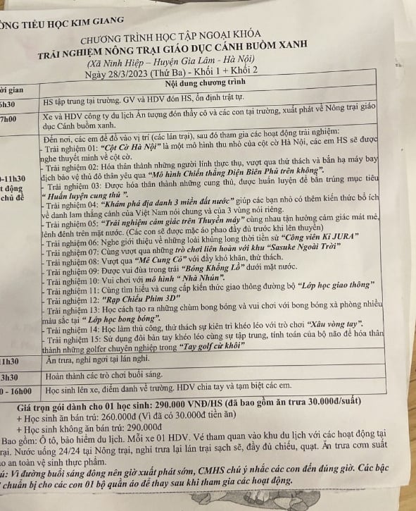Kế hoạch chương tr&igrave;nh "Trải nghiệm n&ocirc;ng trại gi&aacute;o dục C&aacute;nh Buồm Xanh" của học sinh trường Tiểu học Kim Giang (Ảnh: Eva.vn).