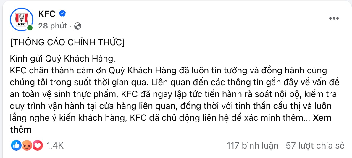 KFC l&ecirc;n tiếng sau vụ việc bị tố kh&ocirc;ng đảm bảo chất lượng v&agrave; an to&agrave;n vệ sinh thực phẩm.