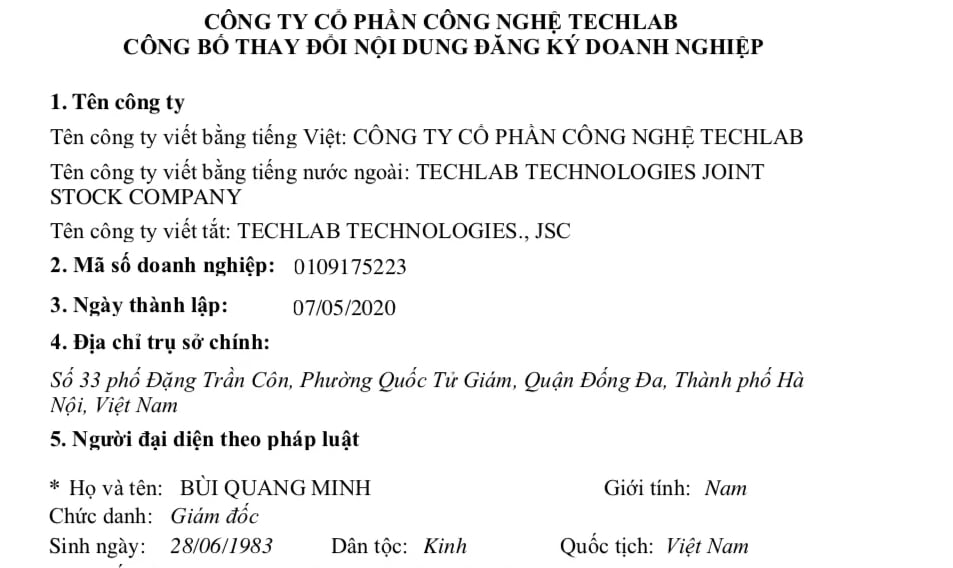 C&ocirc;ng ty Cổ phần C&ocirc;ng nghệ Techlab được th&agrave;nh lập ng&agrave;y 7/5/2020.