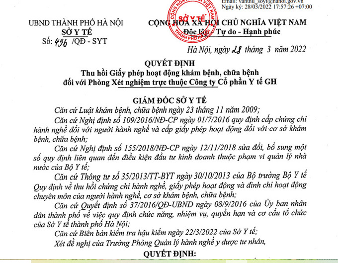 Thu hồi giấy ph&eacute;p hoạt động Ph&ograve;ng X&eacute;t nghiệm thuộc C&ocirc;ng ty Cổ phần Y tế GH