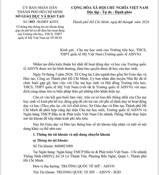 Văn bản th&ocirc;ng b&aacute;o th&ocirc;ng tin c&aacute;c khoản đ&oacute;ng g&oacute;p chi ph&iacute; hỗ trợ để đảm bảo hoạt động của Trường Quốc tế Mỹ - AISVN.