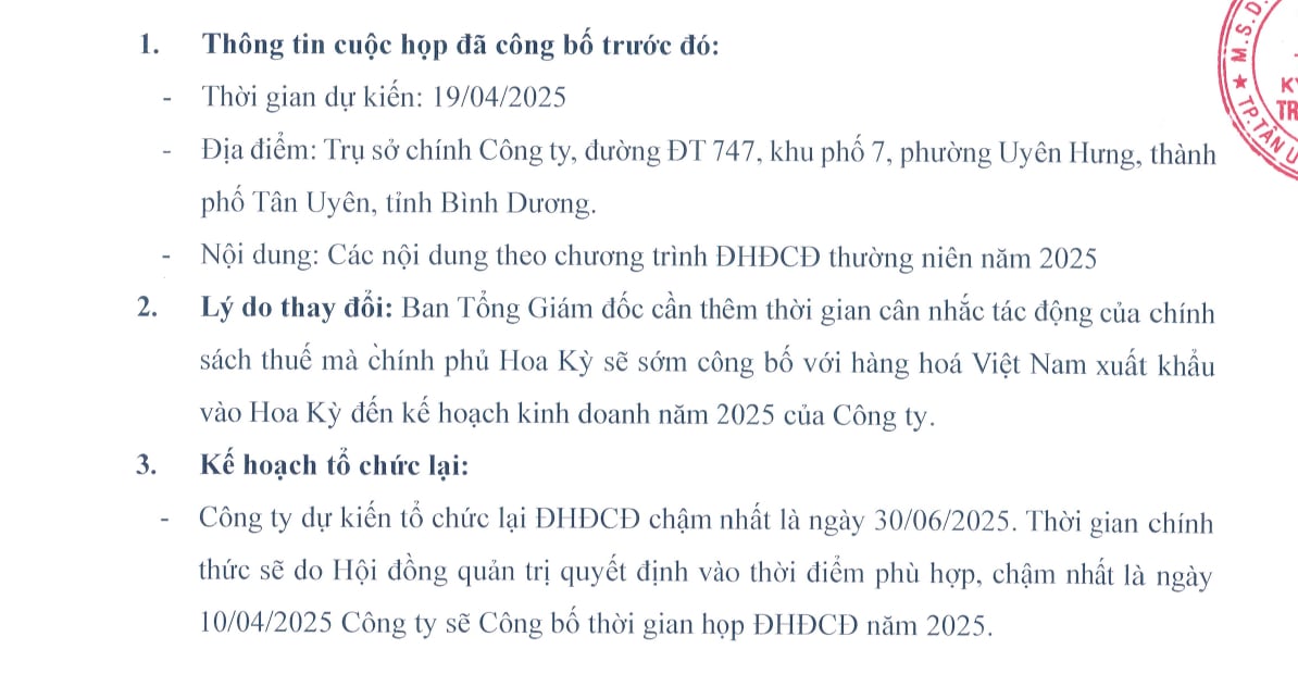 Nội dung th&ocirc;ng b&aacute;o l&ugrave;i thời gian họp ĐHĐCĐ năm 2025 của Gỗ Trường Th&agrave;nh