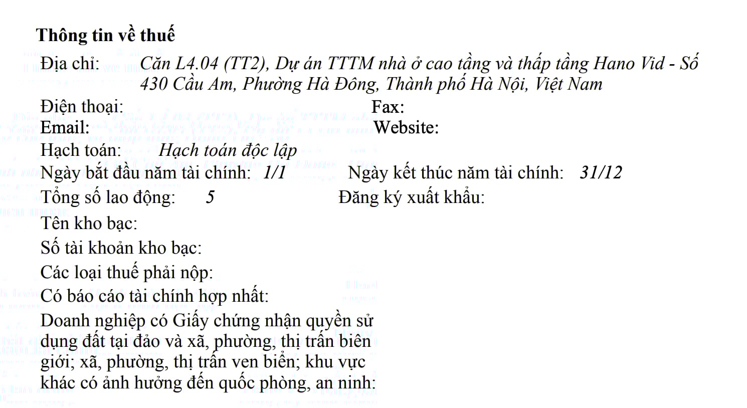 C&ocirc;ng ty Cổ phần Dịch vụ Suất ăn C&ocirc;ng nghiệp H&agrave; Nội c&oacute; 5 lao động