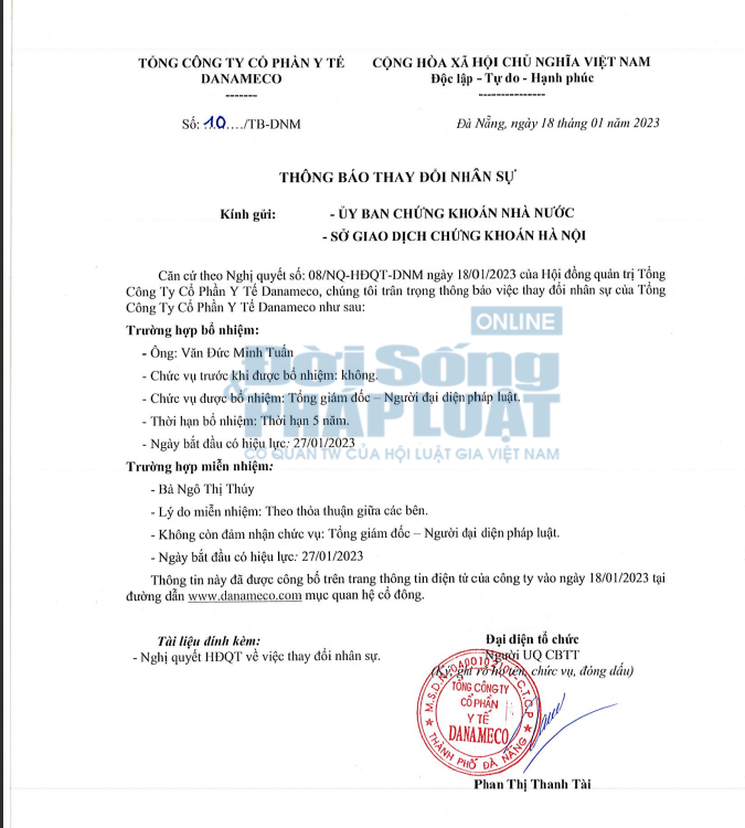 Gần đ&acirc;y nhất l&agrave; th&ocirc;ng b&aacute;o số 10/TB-DNM ng&agrave;y 18/1/2023 về việc thay đổi nh&acirc;n sự. Theo đ&oacute;, &ocirc;ng Văn Đức Minh Tuấn được bổ nhiệm chức vụ Tổng gi&aacute;m đốc &ndash; Người đại diện ph&aacute;p luật, c&oacute; hiệu lực từ ng&agrave;y 27/1/2023.