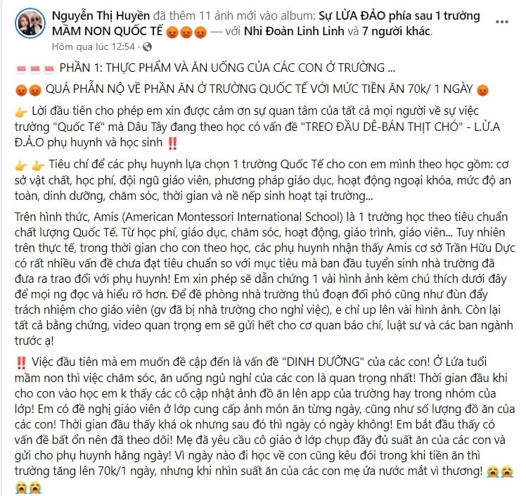 Trường Mầm non Quốc tế Mỹ Montessori (AMIS): Nhiều phụ huynh bức xúc về chất lượng bữa ăn - Ảnh 1