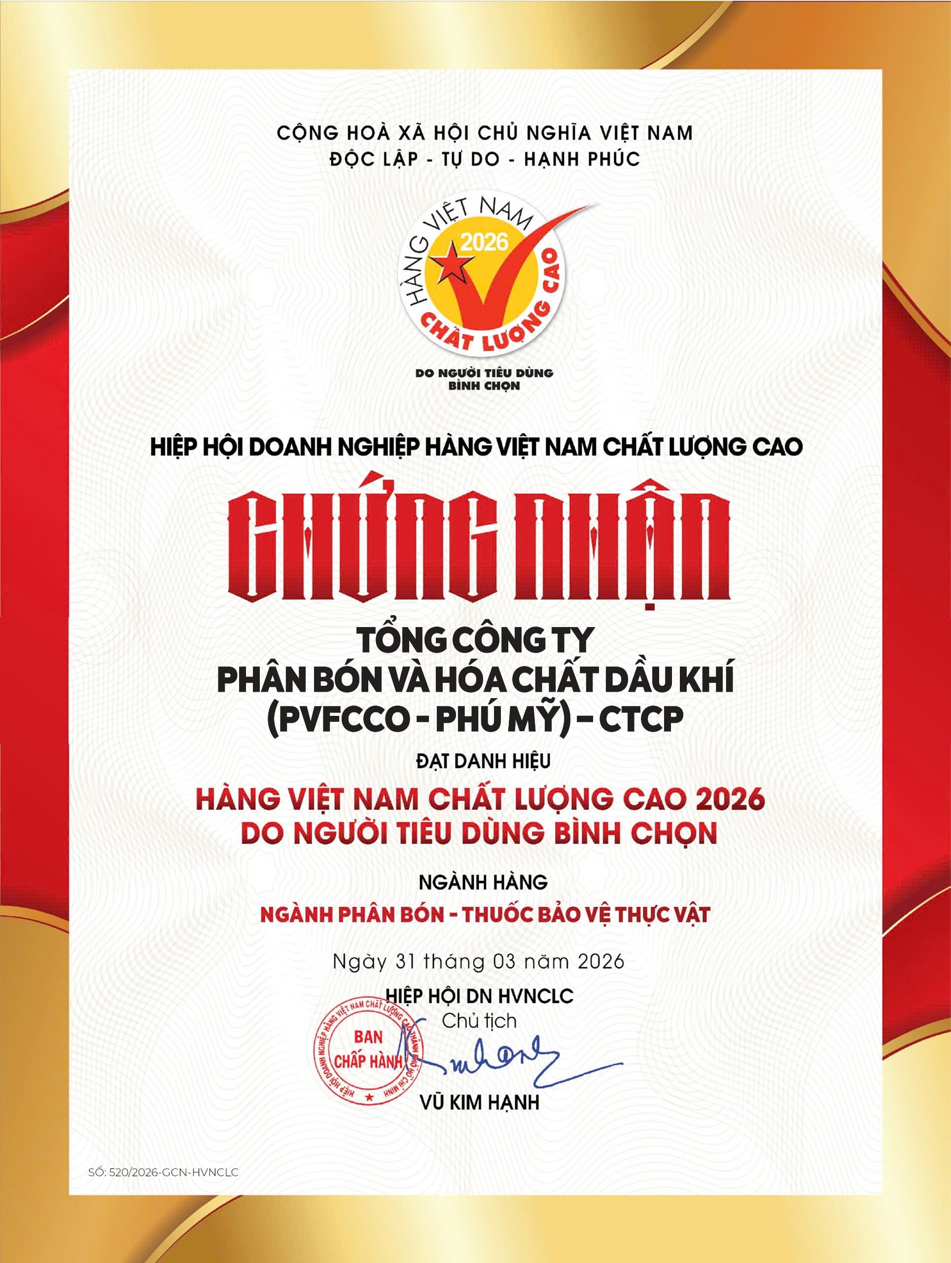 Giấy chứng nhận HVNCLC 2026 Ph&uacute; Mỹ