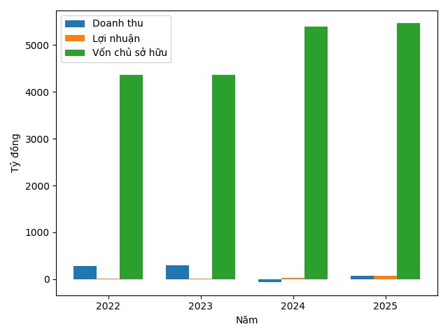 Biến động doanh thu, lợi nhuận v&agrave; vốn chủ sở hữu của CTCP Tư vấn - Thương mại - Dịch vụ Địa ốc Ho&agrave;ng Qu&acirc;n giai đoạn 2022&ndash;2025
