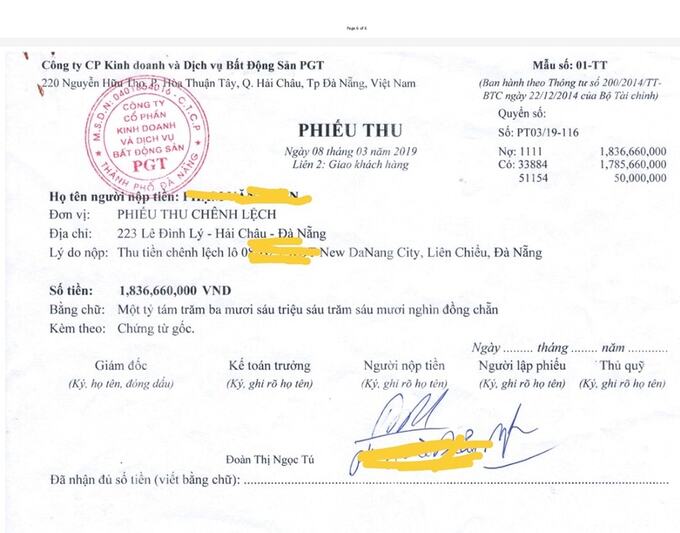 Phiếu thu tiền ch&ecirc;nh lệch dự &aacute;n New Danang City