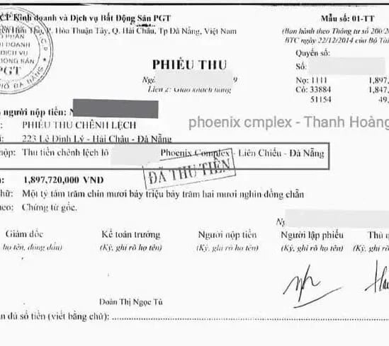 Phiếu thu ch&ecirc;nh lệch dự &aacute;n Thanh Ho&agrave;ng