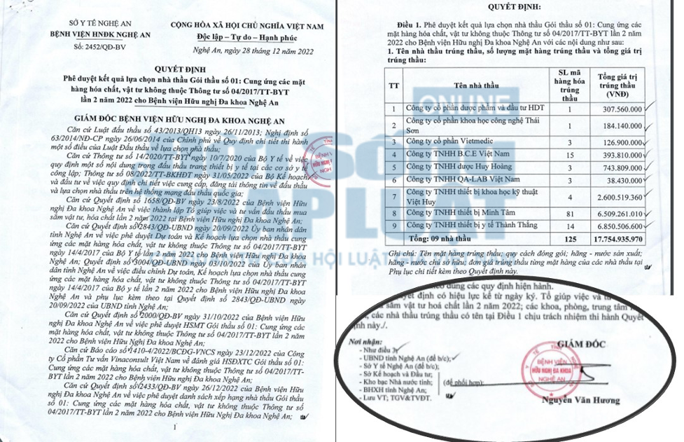 &Ocirc;ng Nguyễn Văn Hương đ&atilde; k&yacute; Quyết định số 2452/QĐ-BV ph&ecirc; duyệt g&oacute;i thầu.