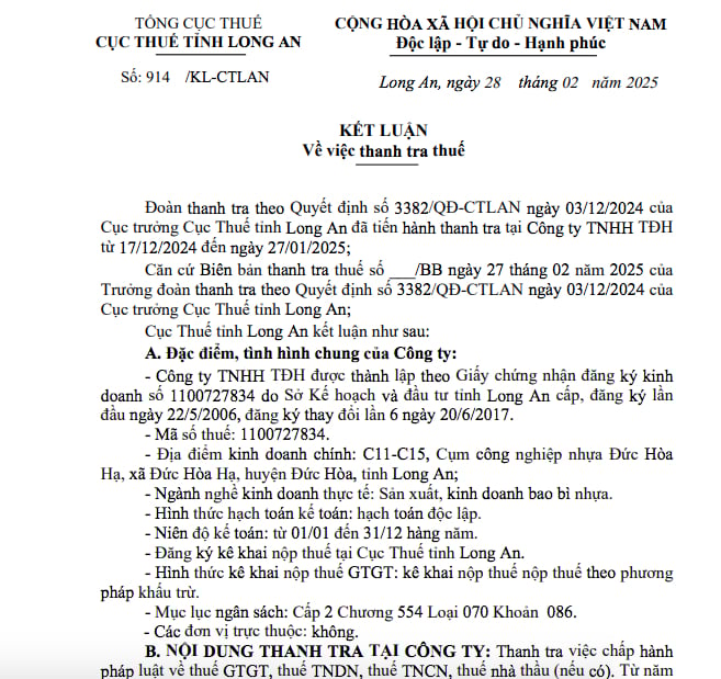 Kết luận thanh tra thuế tại&nbsp;C&ocirc;ng ty TNHH TĐH