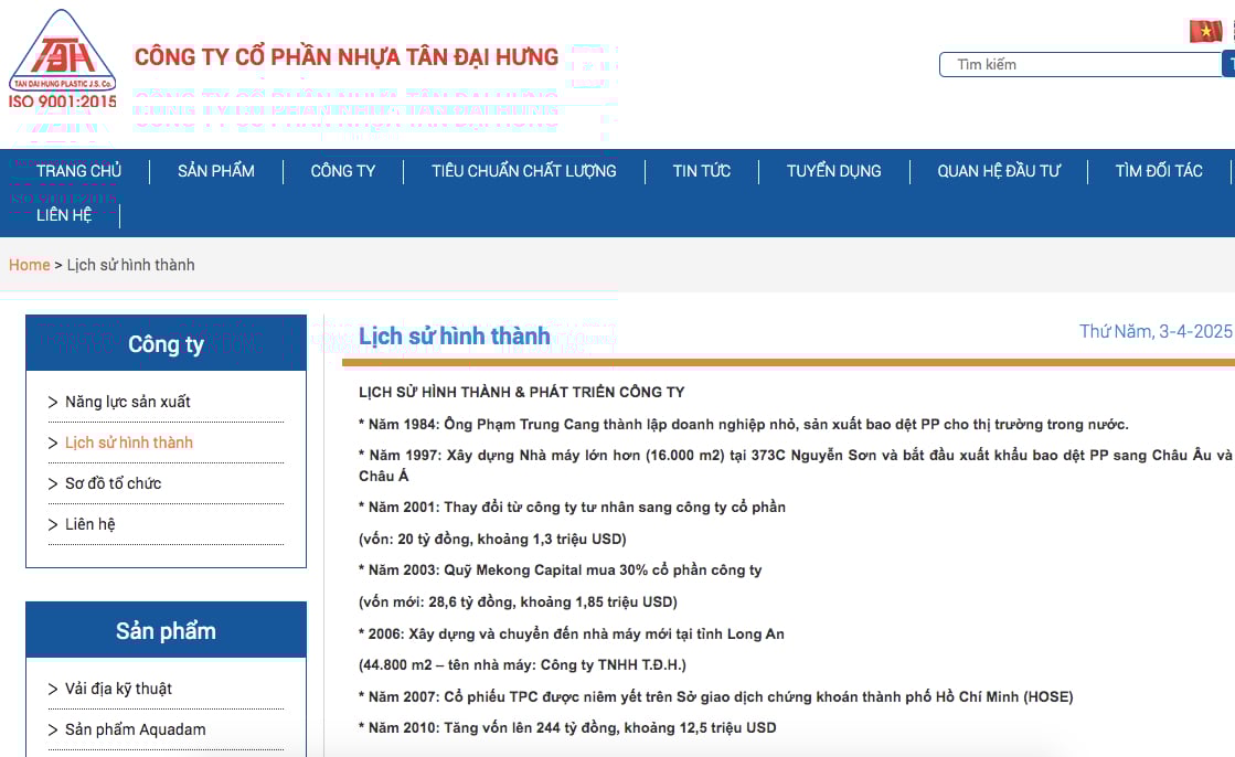 Lịch sử h&igrave;nh th&agrave;nh C&ocirc;ng ty cổ phần Nhựa T&acirc;n Đại Hưng từ năm 1984. Ảnh chụp m&agrave;n h&igrave;nh