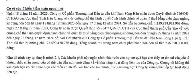 Kiểm to&aacute;n cho rằng c&aacute;c khoản phải nộp ng&acirc;n s&aacute;ch nh&agrave; nước c&ograve;n nợ, nợ qu&aacute; hạn cho thấy sự tồn tại của yếu tố kh&ocirc;ng chắc chắn trọng yếu c&oacute; thể dẫn đến nghi ngờ đ&aacute;ng kể về khả năng hoạt động li&ecirc;n tục của Dầu kh&iacute; Nam S&ocirc;ng Hậu.