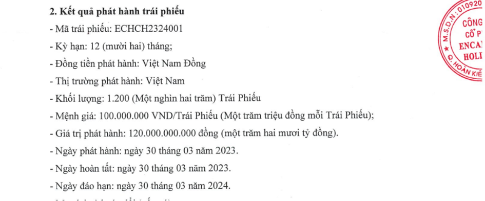 Th&ocirc;ng b&aacute;o ph&aacute;t h&agrave;nh th&agrave;nh c&ocirc;ng l&ocirc; tr&aacute;i phiếu 120 tỷ đồng của Encapital Holdings &ndash; cổ đ&ocirc;ng lớn của chứng kho&aacute;n DNSE.