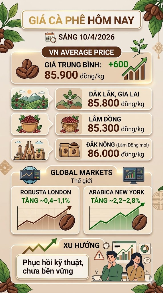 Giá cà phê hôm nay 10/4/2026: Bật tăng trở lại, Arabica tăng gần 3% - Ảnh 1