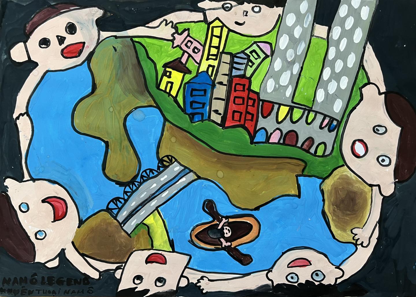 Th&iacute; sinh Nguyễn Ho&agrave;ng T&ugrave;ng Thiện (Tiểu học Nguyễn Si&ecirc;u, H&agrave; Nội) thể hiện t&aacute;c phẩm &ldquo;Em vẽ Nam &Ocirc; v&ugrave;ng đất của t&igrave;nh y&ecirc;u&rdquo;. Th&ocirc;ng qua t&aacute;c phẩm, T&ugrave;ng Thiện gửi gắm th&ocirc;ng điệp: &ldquo;Em vẽ Nam &Ocirc; v&ugrave;ng đất của t&igrave;nh y&ecirc;u. Nơi c&oacute; phong cảnh đẹp, c&oacute; b&atilde;i biển c&aacute;t trắng. V&igrave; vậy, ch&uacute;ng ta cần bảo vệ cảnh vật nơi đ&acirc;y để Nam &Ocirc; lu&ocirc;n xanh đẹp. Em mong muốn một ng&agrave;y n&agrave;o đ&oacute; sẽ được đến đ&acirc;y&rdquo;.