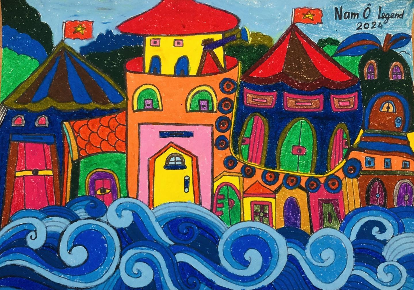 Đinh Nguyễn Thanh Tr&uacute;c (lớp 7A2, THCS Trần B&iacute;ch San, Nam Định) dự thi với t&aacute;c phẩm &ldquo;Th&agrave;nh phố tr&ecirc;n mũi s&oacute;ng&rdquo;. D&ugrave; chưa từng đặt ch&acirc;n đến Nam &Ocirc;, nhưng em đ&atilde; vẽ bức tranh với sự h&igrave;nh dung về một v&ugrave;ng đất nhiều m&agrave;u sắc của n&uacute;i non, biển cả. &Yacute; thức được những biến đổi khắc nghiệt của thi&ecirc;n nhi&ecirc;n v&agrave; m&ocirc;i trường, Thanh Tr&uacute;c nhắn nhủ: &ldquo;V&ugrave;ng đất Nam &Ocirc; tr&ecirc;n mũi s&oacute;ng l&agrave; sự h&ograve;a hợp giữ thi&ecirc;n nhi&ecirc;n v&agrave; con người. Ch&uacute;ng ta h&atilde;y giữ g&igrave;n m&ocirc;i trường sống như mong ước về một v&ugrave;ng đất đẹp&rdquo;.