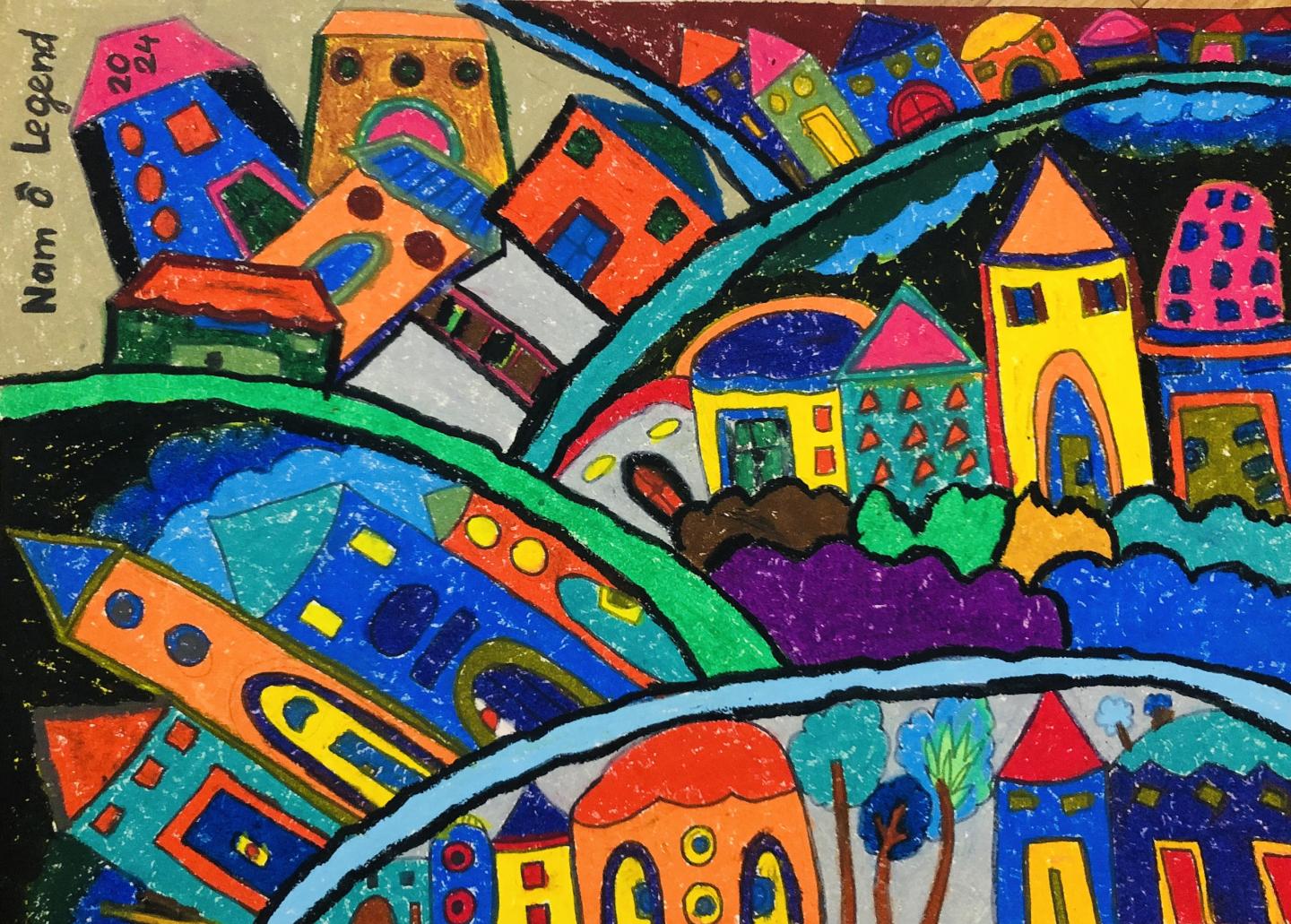 &nbsp;T&aacute;c phẩm &ldquo;Vĩnh cửu&rdquo; của Đinh Trọng Đức (lớp 9A1, THCS Trần B&iacute;ch San, Nam Định) t&aacute;i hiện sự ph&aacute;t triển kỳ diệu của cuộc sống v&agrave; con người Nam &Ocirc;. Bức tranh mang &yacute; nghĩa: &ldquo;Sự trường tồn vĩnh cửu l&agrave; mong ước của em về những ng&ocirc;i nh&agrave; c&oacute; thể tự chữa l&agrave;nh vết thương t&acirc;m hồn, tự bảo vệ con người qua sự t&agrave;n khốc của thi&ecirc;n nhi&ecirc;n. V&agrave; ch&uacute;ng ta h&atilde;y cố gắng x&acirc;y dựng, giữ g&igrave;n mảnh đất n&agrave;y như ch&iacute;nh tr&aacute;i tim m&igrave;nh vậy!&rdquo;.