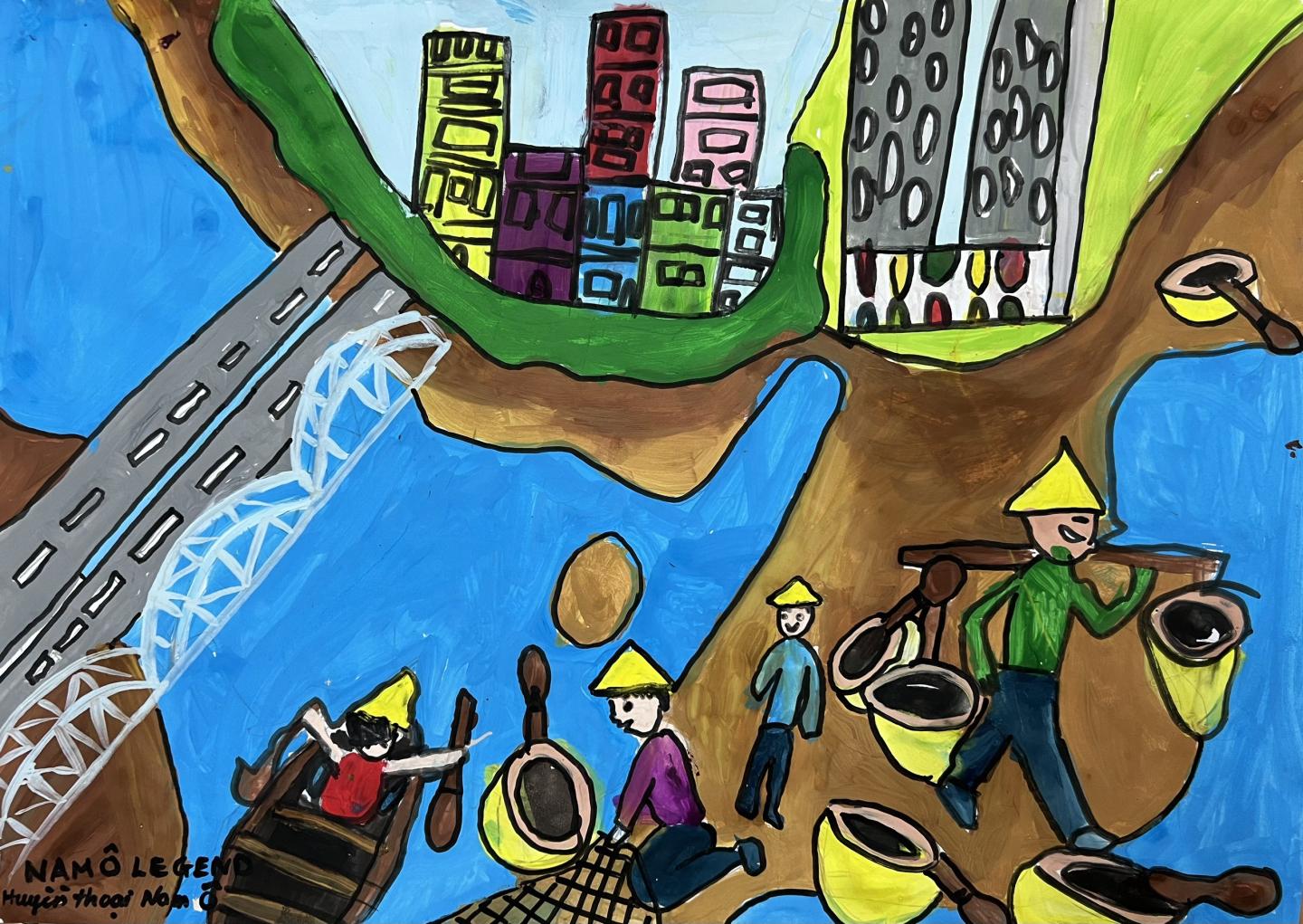 Cảm hứng l&agrave;ng ch&agrave;i Nam &Ocirc; tiếp tục xuất hiện trong tranh của th&iacute; sinh Nguyễn Anh Minh (Tiểu học Chu Văn An, H&agrave; Nội).