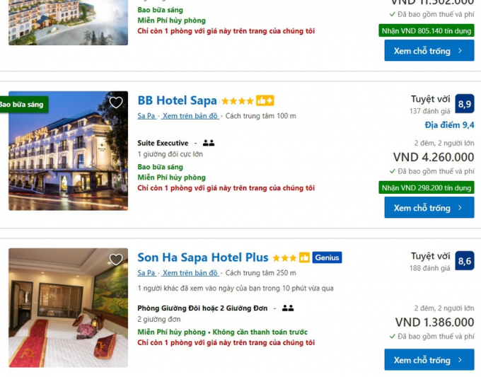 Nhiều kh&aacute;ch sạn đ&atilde; bắt đầu hết ph&ograve;ng tr&ecirc;n c&aacute;c trang OTA. Ảnh chụp m&agrave;n h&igrave;nh.